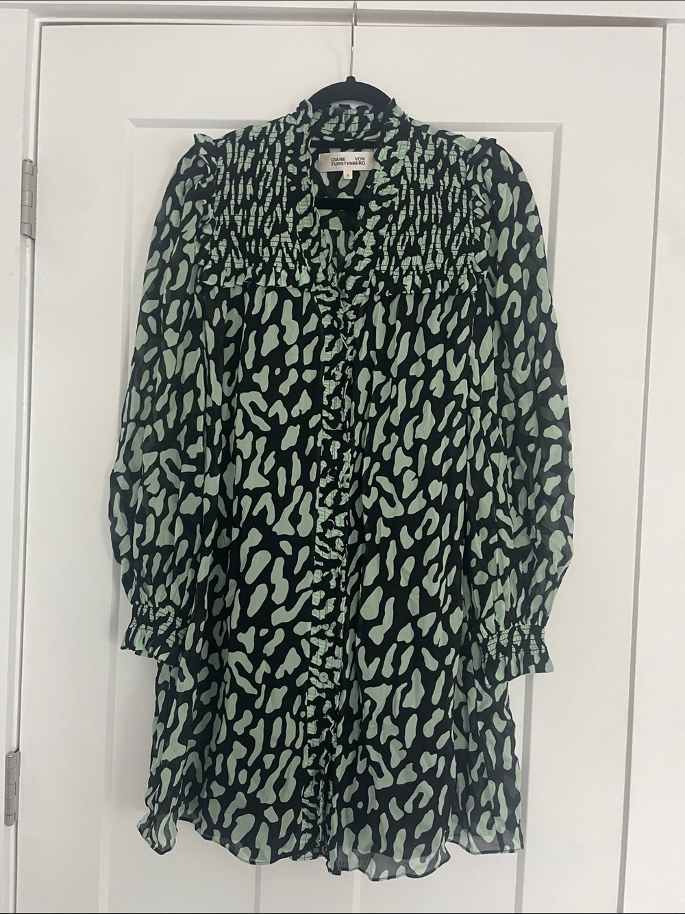 Diane Von Furstenberg Mint and Black Printed Smocked Blouse